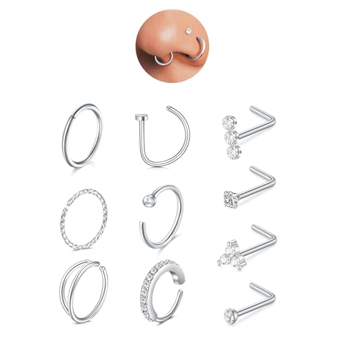AceFun Nose Ring Silver Nose Stud 10 Pieces 20G Nose piercing Stainless Steel Tragus Helix Rings Double Hoop for Women Men Small Septum Rings Studs Body Piercing Jewelry 2mm 2.5mm Clear CZ