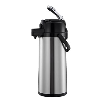 FSE ASLG325 Airpot, Glass Lined Lever Top, 2.5 L/84 Oz, Stainless Steel | 6-2/7 in. Base Diameter, 16-2/9 in. Overall Height, Polypropylene Cap and Handle, 360 Rotating Base, 3 ID Tags
