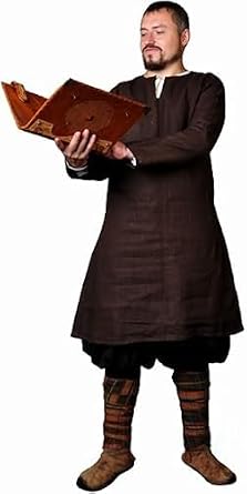 Medieval Renaissance Viking Tunic Costume for Men, Long Brown Dress with Leg Wraps, X-Large