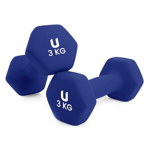 unycos - Par de Mancuernas Antideslizantes de Neopreno, Pesas【3 kg】Ergonómicas con Diseño Hexagonal y Anti-Rodadura, Resistentes, Ideales para Entrenamiento de Fuerza y Gimnasio en Casa (Azul)
