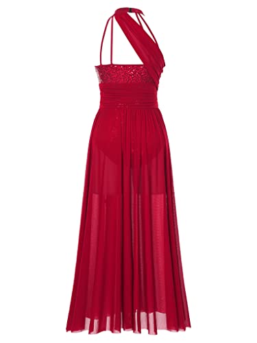 Foto von Mufeng Damen Tanzkleid Lang Eiskunstlaufkleid Neckholder Ballettkleid Mit Pailletten Schlitz Rock Lyrisch Party Bühnenauftritt A Weinrot L