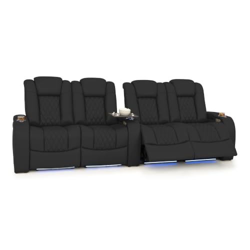 Image of Seatcraft Virtuoso LT Black Italian Leather Home Theater Seating, Zero Gravity Power Recliner, Heat and Massage, Powered Headrest and Lumbar Gaming and Home Office Chair, Row of 4 Dual Loveseats