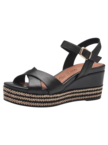 Tamaris Damen Plateau Sandalen Leder Keilabsatz Sommer; BLACK LEATHER/schwarz; 38 EU