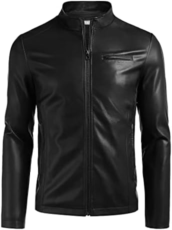 COOFANDY Men's Casual Slim Fit Faux Leather Jacket Vintage Stand Collar Lightweight Motorcycle Outwear with Zipper Pocket