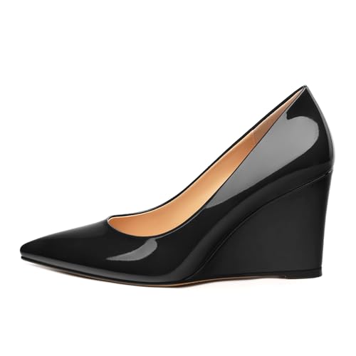 Women's Wedges Heels Pumps, Patent Solid Pointed Toe Wedge Pumps Slip On Wedge Heels for Dress Working Evening 3.35 Inch2