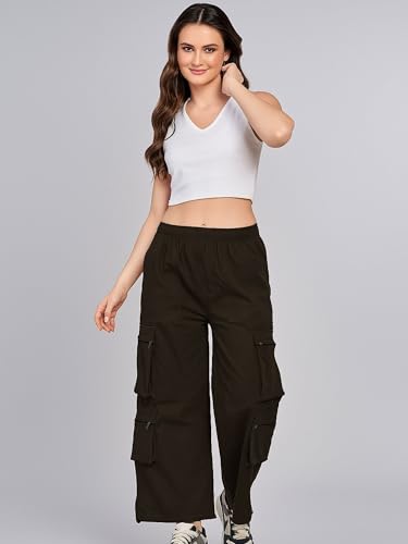 Image of ADDYVERO Elastic Cotton Solid Non-Stretchable Regular Fit Full Length Women six Pockets Cargo Pant (Brown, 32)