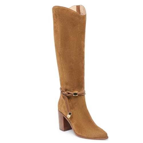 Yishaweiqi Suede Knee High Boots for Women Strap Side Zipper Fall Western Boots Pointed Toe Chunky Bloack Heel Boots3