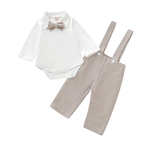 SOBOWO Baby Boys Gentleman Outfits Suits Infant Long Sleeve Romper + Suspenders Pants + Bow Tie Wedding Baptism Clothing Set (Gray, 0-3 Months)