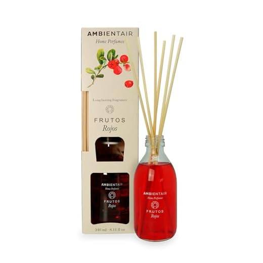 Ambientair Home Perfumes. Ambientador Mikado Aroma Frutos Rojos. Difusor de Varillas perfumadas. Difusor 240 ml con palitos de ratán.