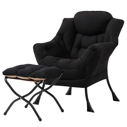 Image of Tiita Lazy Chair with Ottoman, Black Modern Large Accent Chair, Comfy Leisure Sofa Armchair with Ottoman, Reading Chair with Footrest for Bedroom, Living Room, Dorm Rooms, Black