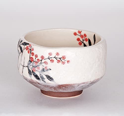 Authentic Japanese Traditional Tea Ceremony Ippuku 3.75" Diameter Mini Matcha Bowl Chawan Mino Tea Cup Textured Glaze Floral Design Handcrafted in Japan (Nanten Heavenly Bamboo)