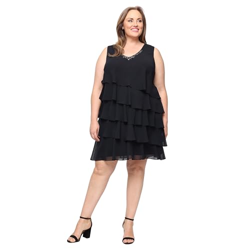 Image of S.L. Fashions Women's Chiffon Tiered Jacket Dress with Beaded Neckline Mother of the Bride, Cocktail, Or Wedding Guest Dress
