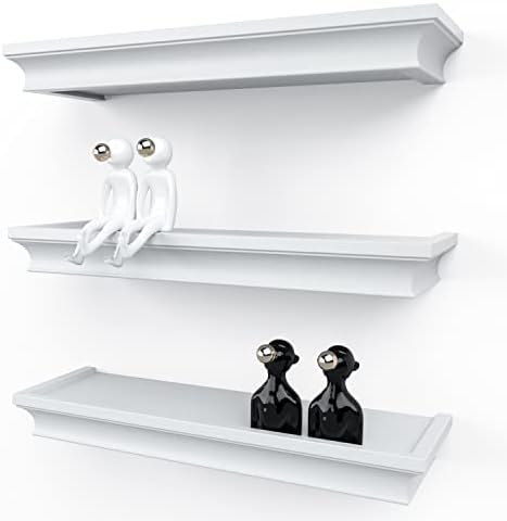 RICHER HOUSE White Floating Shelves for Wall Decor, 16 Inches Wall Shelves Set of 3, Picture Ledge Wall Mounted, Crown Molding Display Shelves with Invisible Brackets in Bathroom, Bedroom, Living Room