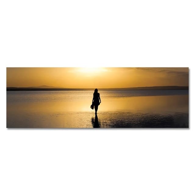 Poster femme vue sur la mer AmNooL Nature Gold Beach Sunset toile salon 40x120cm