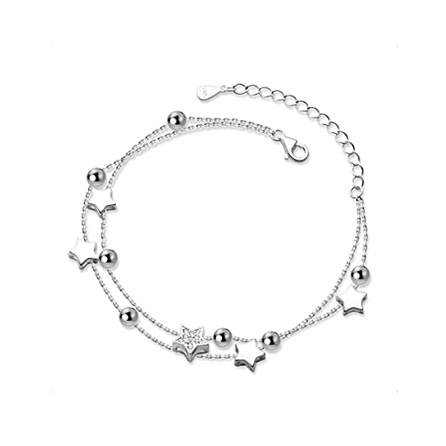 KONFEN Bracelet Argent 2 en 1 Étoile Perle Réglable pour Femme et Fille, Double en Argent, Fin Bijoux Cadeau Anniversaire pour Ado