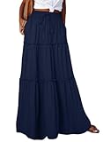 Happy Sailed Maxi Skirts for Women 2025 Fashion Boho Style High Waist Elastic Waist A Line Flowy Long Beach Skirt with Pockets Navy Blue Small