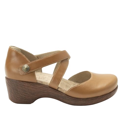 Image of Alegria Womens Savina Leather Wedge - Stylish and Versatile Mary Jane for Endless Support - Enhanced Arch Slip Resistant Platform Ankle Cross Strap Heel for Professionals