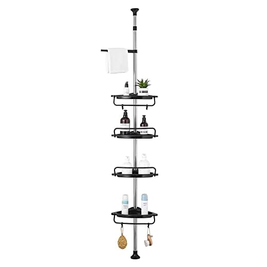 GRICOL Telescópica Estantería Ducha Esquina Estante Ducha sin Taladro Estantería Baño Acero Inoxidable con 4 Cestas y 1 Toallero para Bañera y Baño Altura Ajustable 95-305CM Negro