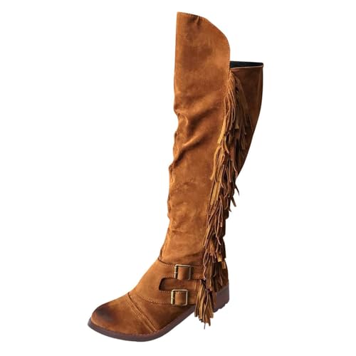 ZBYY Women's Knee High Boots Casual Over The Knee Retro Fringe Moccasin Flat Heel Zipper Long Boots Square Heels Shoes - Main Image