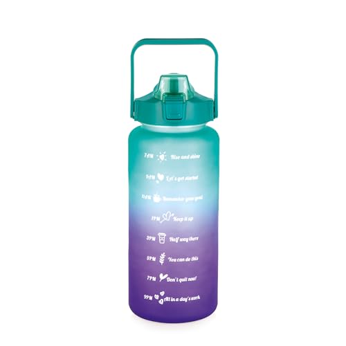 Image of ATTRO Motivational 2 Liter Quotes & Time Marker Dual Colour Sports Bottle With Easy to Carry Handle & Straw BPA Free, Leak Proof for Gym, Office, Workout- Green Purple, Plastic