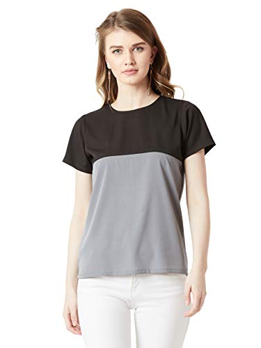 Image of Miss Chase Women's Navy Blue and Yellow Round Neck Boxy Top
