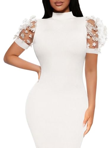 Image of Annystore Women's Mesh See Through Sheer Dress Short Puff Sleeve Bodycon Dress Mock Neck Sexy Club Party Midi Dress Clubwear
