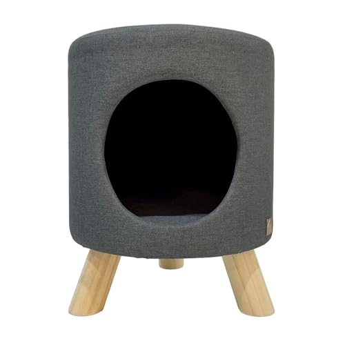 4 Cats & Dogs Wallie Stool - Plush Polyester Pet Stool with Wooden Legs, Cozy Hideaway for Cats & Small Dogs, Multipurpose Footstool & Seat, Modern Minimalist Design for Home & Office - Dark Grey