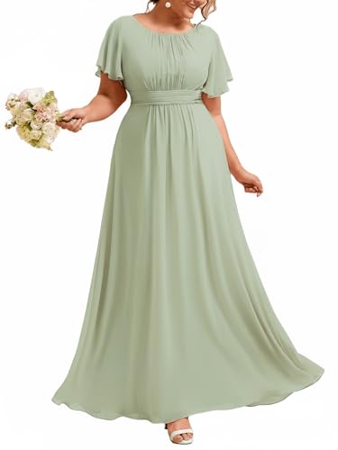 Image of Ever-Pretty Plus Elegant Formal Dresses for Curvy Women Round Neck Short Sleeves Chiffon Bridesmaid Mother of The Bride Dress