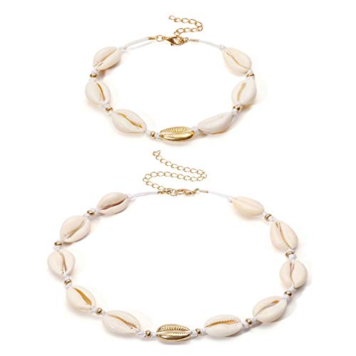 SUNSCSC Handmade Summer Beach Shell Conch White Velvet Rope Choker Necklace Adjustable Conch Shell Necklace Jewelry (Shell Necklace and Bracelet)