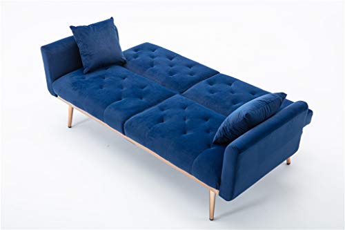 Szlizccc 63" Accent Sofa, Mid Century Modern Velvet Fabric Couch， Convertible Futon Sofa Bed ，Recliner Couch Accent Sofa Loveseat Sofa With Gold Metal Feet (Blue) #TOP4