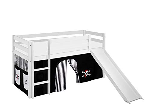 Lilokids Hochbett mit Rutsche JELLE 90×200 cm | 90x190 cm – Kinderbett & Spielbett aus Massivholz (Kiefer) inkl. Lattenrost – Verschiedene Markenmotive (Pirat schwarz-Streifen, 90 x 200 cm)