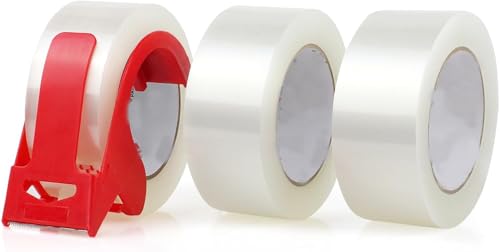 MOMENT 3 Pack Clear Packing Tape with Dispenser 2 inch x 50 Yards Heavy Duty Carton Sealing Adhesive Packaging Tape for Packing Boxes Shipping Moving Parcel Boxes (Transparent 3 Roll)