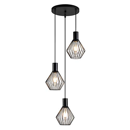 LBTSMUK Black Pendant Light with Metal Cage Shade Industrial 3-Lights Pendant Lighting Adjustable, Hanging Light Fixture for Home, Kitchen Island, Dining Room, Foyer, Farmhouse LBTSMUK Black Pendant Light with Metal Cage Shade Industrial 3-Lights Pendant Lighting Adjustable, Hanging Light Fixture for Home, Kitchen Island, Dining Room, Foyer, Farmhouse
