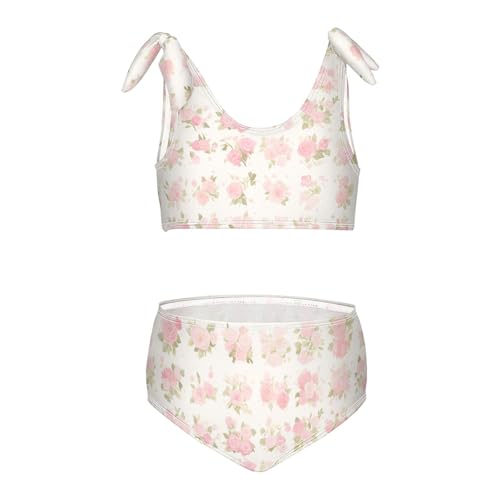 KLL Pink Roses Watercolor Floral Pattern Girl 2 Piece Bikini Set Beach Swimsuit Swimwear Adjustable Shoulder Strap