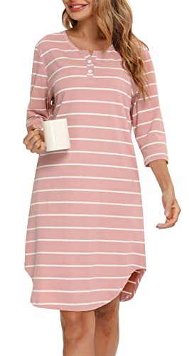 Vlazom 3/4 Ärmel Nachthemd V-Ausschnitt Damen Nachthemd mit Zwei Knöpfe Baumwolle Streifen Schlafhemd Damen Nachtwäsche mit Taschen(XXL,Stil...
