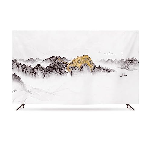 Ink Wash Landscape Painting TV Dust Cover Indoor 32-86 Inches TV Cover Dust Proof TV Screen Protector For Wall Mounted Curved Surface(Size:55IN,Color:C)