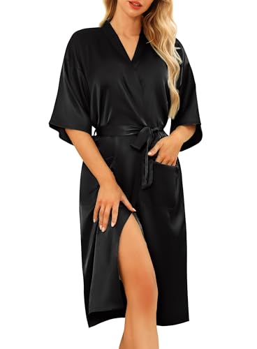 Lovasy Bademantel Damen Satin Japanisch Kimono Jacke Damen mit Gürtel Sexy...