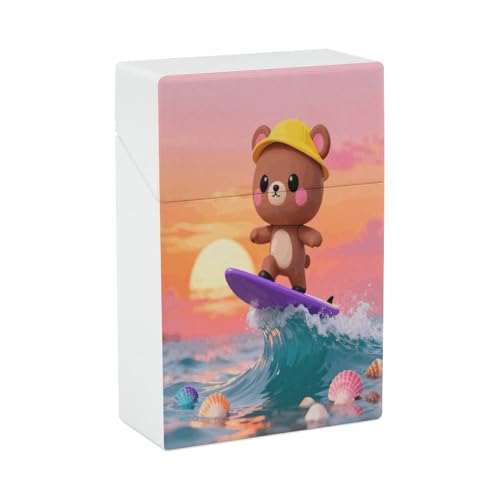 Estuche para cigarrillos Surfing Bear de plástico, tamaño normal, estilo vintage, con capacidad para 20 cigarrillos, tamaño king, funda protectora.
