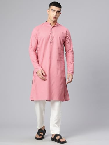 Image of Majestic Man Men's Cotton Regular Fit Casual Mandarin Collar Ethnic Motifs Solid Long Kurta