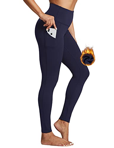 ZUTY Fleece Lined Leggings Women Winter Thermal Insulated Leggings with Pockets High Waisted Workout Yoga Pants Plus Size Dark Blue S