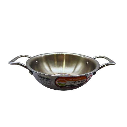India Gold Stainless Steel Kadai, 24.1 cm, Deep Frying Pan with Handles, Mirror Finish, for Gas and Induction