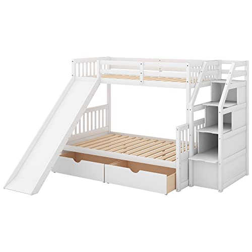 SOFTSEA Bunk Bed Twin Over Full with Stairs, Drawers and Slide, Multifunction Playhouse Bunk Bed with Slide for Kids, No Spring Box Needed, White