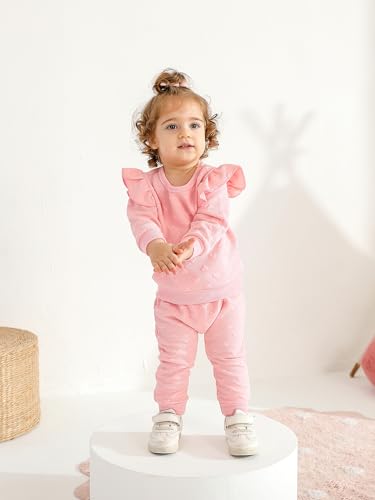 2pcs Baby Girl Love Heart Textured Ruffle Trim Long-sleeve Pullover and Bow Front Pants Clothes Set4