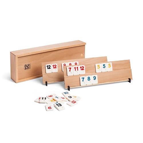 WOODTASTIC Rummy Holz Spiel - Hochwertiges Brettspiel aus Massivem Buchenholz mit 106 Robusten Kacheln