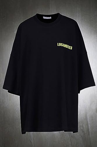 Image of THALASI Urban Vibes Men's Black Oversized T-Shirt | Los Angeles Print T-Shirt for Men |Back Print T-Shirt for Men | Relaxed Baggy Fit | Round Neck & Half Sleeve