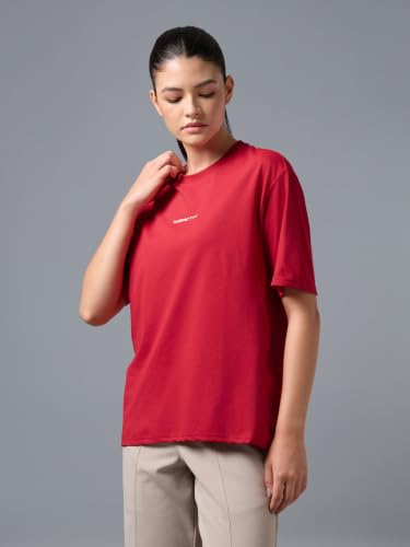 Image of TECHNOSPORT Women's Printed Boxy Fit Round Neck T-Shirt COTFLEX Half Sleeve Slip On Polyester for Gym Yoga Workout UPF50+ Anti Odour