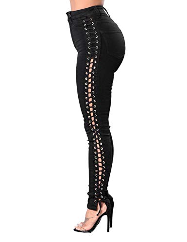 xxxiticat Women's Gothic Black Denim Pants Push Up Tight Hollow Out Side Lace Up Bandage Cross Pencil Jeans Trousers3
