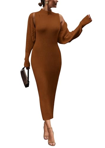 PRETTYGARDEN Women's Fall 2 Piece Outfits Knit Long Sleeve Cropped Cardigan Pullover Sweater Maxi Dress Sets Winter Clothing (Caramel,X-Large)