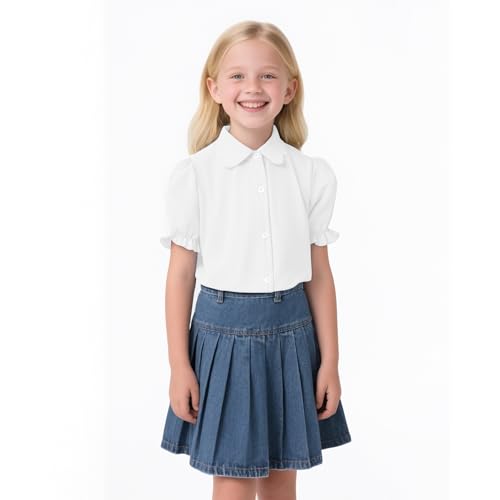 Image of Girls Button Down Shirt Puff Sleeves Blouse Summer Cute Top Doll Collar School Uniform, 4-13Y