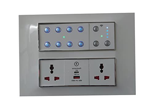 Smarteefi WiFi Smart Switch board| 6 Smart Switches + 1 Smart Regulator+ 2 Smart Plugs + 18w Dual Charger (USB-C + USB-A)| Guaranteed Schedules| Compatible with Alexa & Google Home (SB81-SF11-USB-12M)